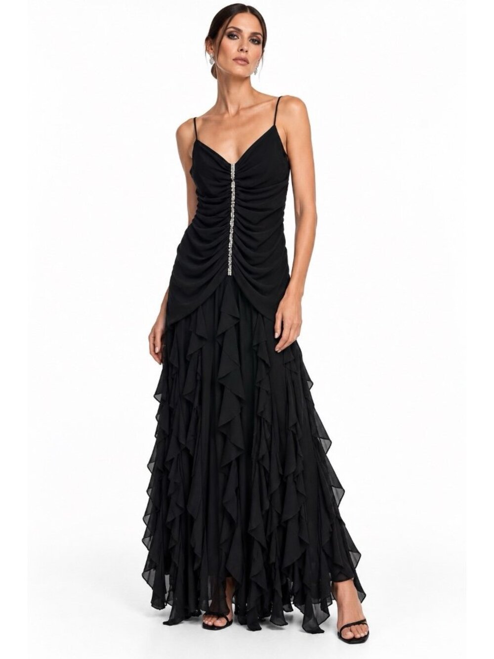 vintage 90s BETSY & ADAM xs black dress ruffle rhinestone maxi goth formal emo